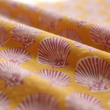 Hand Block Printed Mustard Yellow and Pink Sea Shell Motif Pure Cotton Fabric thumbnail 2