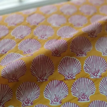 Hand Block Printed Mustard Yellow and Pink Sea Shell Motif Pure Cotton Fabric