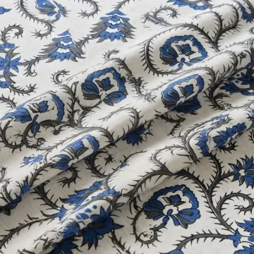 Royal Blue Floral Vine Hand Block Printed Pure Cotton Fabric thumbnail 3
