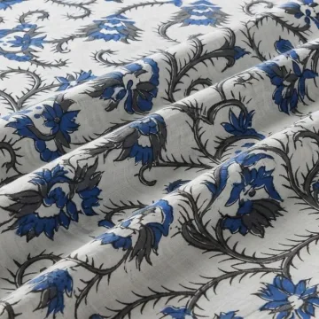 Royal Blue Floral Vine Hand Block Printed Pure Cotton Fabric thumbnail 2