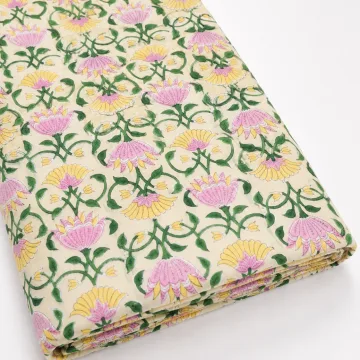 Pink Floral Hand Block Print Pure Cotton Running Material thumbnail 3