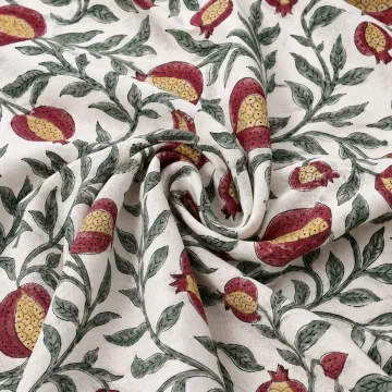 Crimson Pomegranate Botanical Hand Block Print Cotton Fabric thumbnail 1
