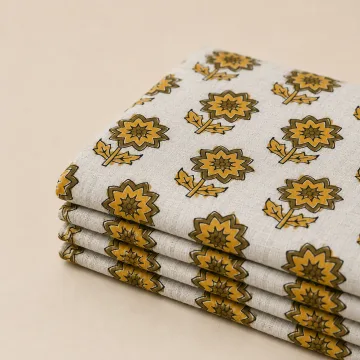 Sunflower Floral Hand Block Printed Cotton Running Fabric thumbnail 1