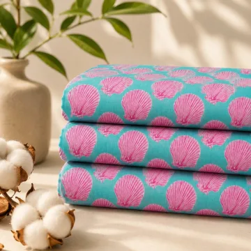 Pink Seashell Hand Block Print Pure Cotton Running Material thumbnail 3