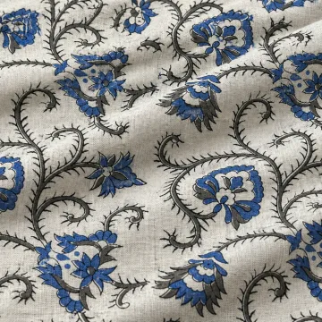 Royal Blue Floral Vine Hand Block Printed Pure Cotton Fabric thumbnail 1