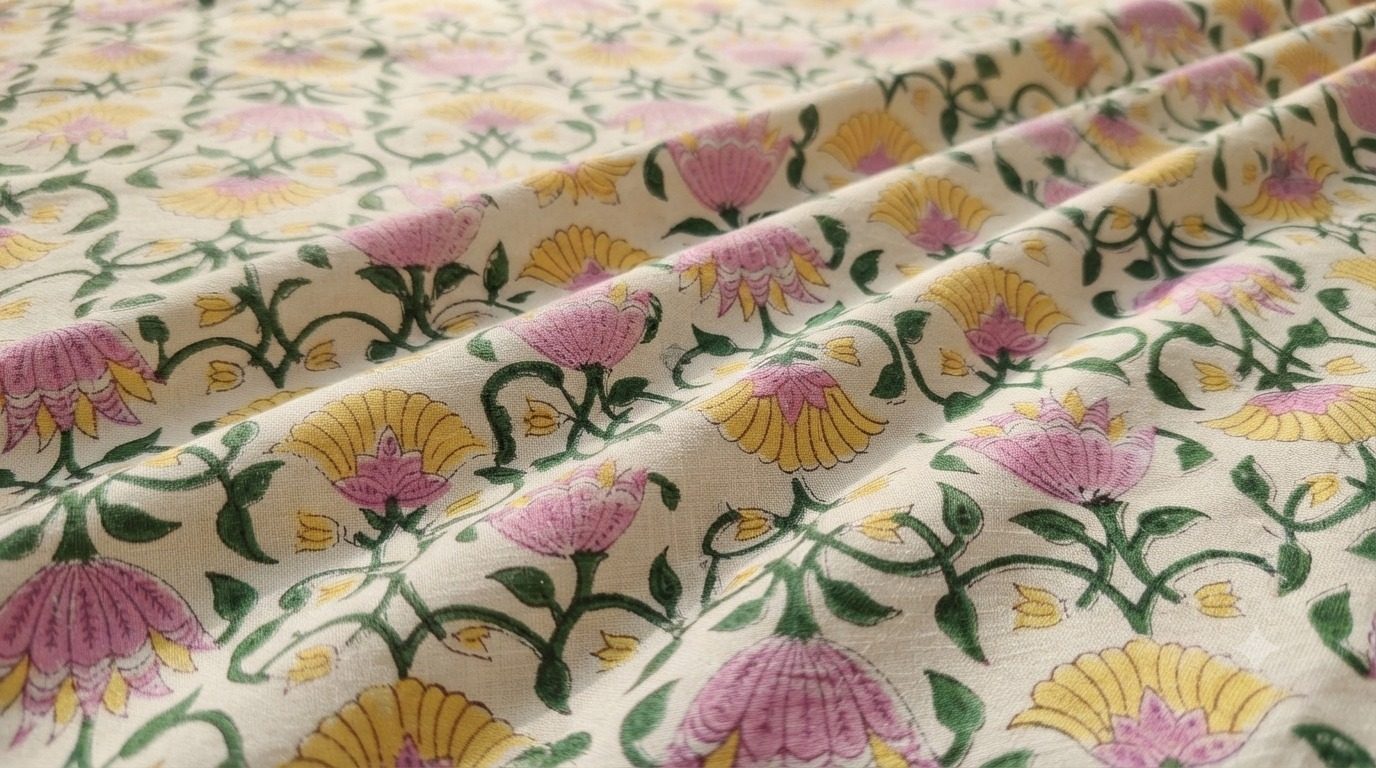 Pink Floral Hand Block Print Pure Cotton Running Material