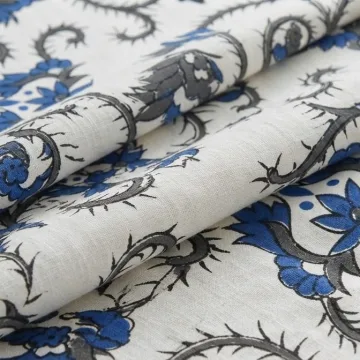 Royal Blue Floral Vine Hand Block Printed Pure Cotton Fabric thumbnail 4