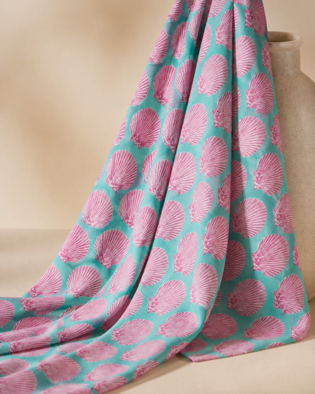 Pink Seashell Hand Block Print Pure Cotton Running Material