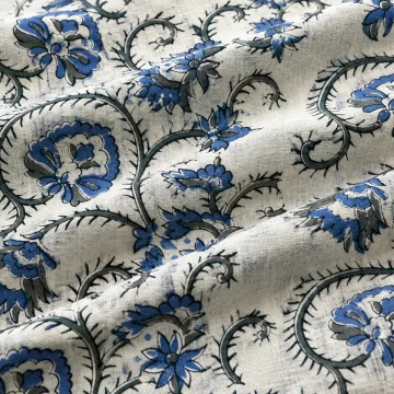 Royal Blue Floral Vine Hand Block Printed Pure Cotton Fabric thumbnail 5