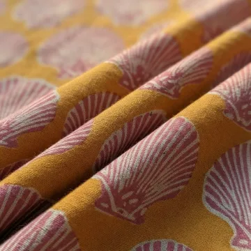 Hand Block Printed Mustard Yellow and Pink Sea Shell Motif Pure Cotton Fabric thumbnail 3