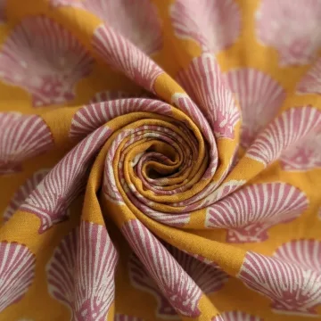 Hand Block Printed Mustard Yellow and Pink Sea Shell Motif Pure Cotton Fabric thumbnail 5